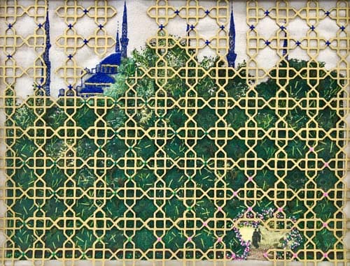Artwork Blue Mosque Istanbul - It was inspired by the glimpse caught of the young lovers in the garden. The ornamental bars, 
              though beautiful, are a barrier to the viewer, prohibiting them from entering into the setting, and the life that the picture promises.
              Nonetheless, we see the bars beginning to fracture, suggesting a way through … Original Linen screen-printed panel of Blue Mosque Istanbul
              from Reece Scannell Textile. I add the hand embroidery and hand painted fabric to complete the artwork.