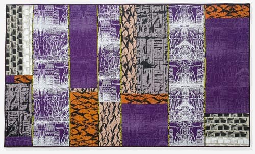 Artwork Egyptian Echoes - The screen printed fabrics used layer the hieroglyphs of the ancient Egyptian civilization, bamboo and water like effects onto linen and cotton fabrics. These effects portray the voices muted by the periodic inundations along the Nile. Machine pieced and quilted.