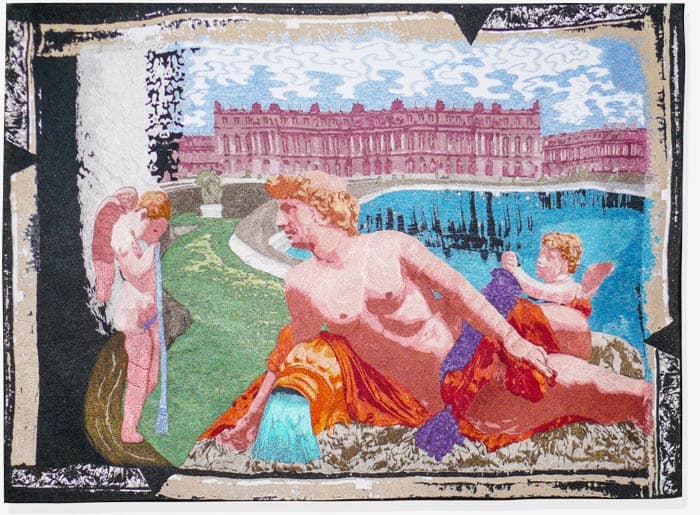 Artwork Demons and Angel - I took up the challenge to present an historical architectural vignette using an asynchronous color palette overlaid on a neutral-base linen hand print. Thread painting and machine quilted.