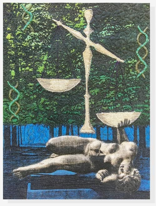 Wall Hang Artwork Invisible Burden - Aristide Maillol conceived this portrayal of a woman stabbed in the back, falling at the feet of the viewer and arrested in agony. Hand stitched, machine quilted using invisible thread. Made from Linen Screen Print Panel.