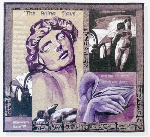 Artwork - Dying Slave. Rock Paper Stitch on different shades of purple, The large Michelangelo Head on the left and on the right and bottom quilt, Michelangelo full body in erotic mood. Hand Screen-printed on shot-cotton,  All cotton, Machine pieced, appliquéd and quilted.