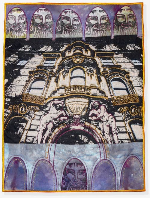 Wall Hang Artwork: Viennese building - Embedded in the stonework of the arched doorway and created a linocut in larger scale. Framed with gold and purple painting. Used screen print linen, Linocuts Techniques, Folding and Tying, Dyeing and Printing.