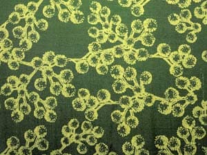 Screen Printed  Yellow Wattle Design on  Shot Cotton  Green/Black Thread