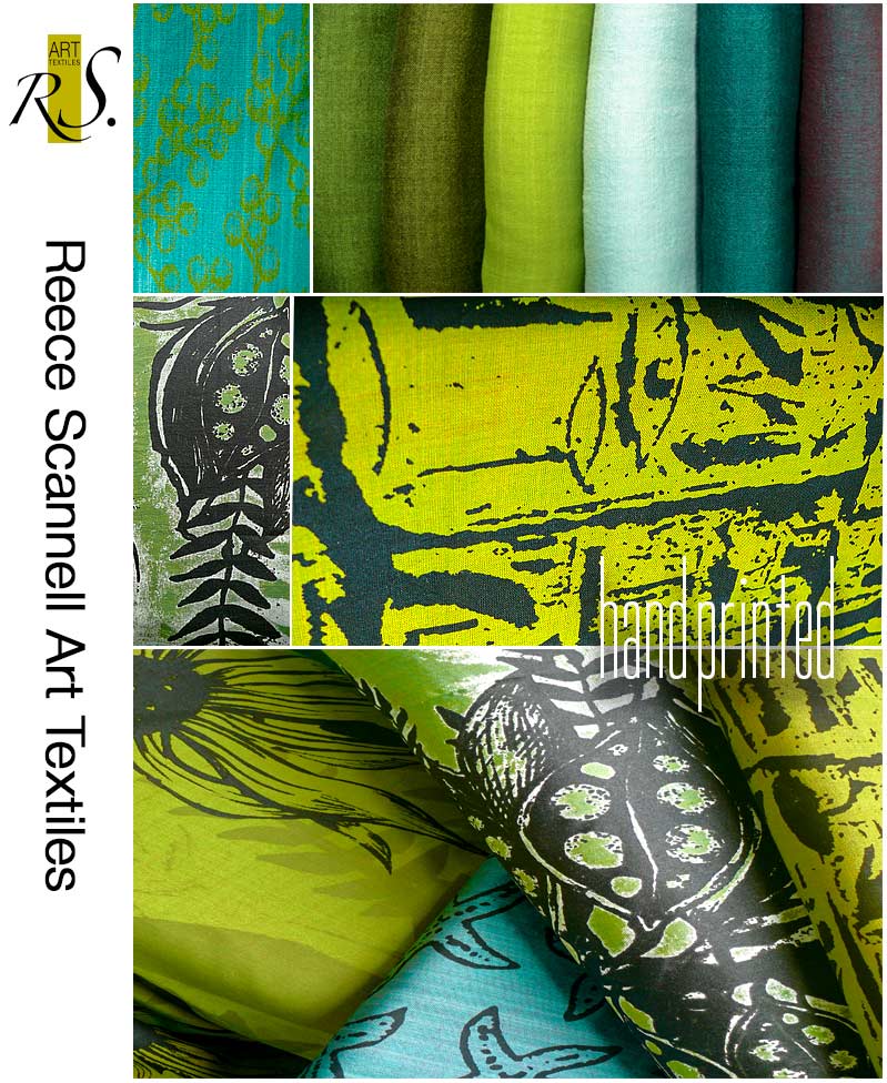 Hand Printed Modern Design on Slubs Cotton in Green Tones.