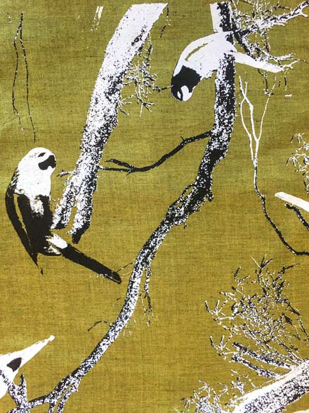 Bird on Tree Black & White Print on Green Shot Cotton